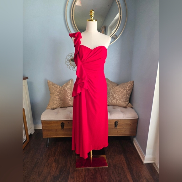 Badgley Mischka Poppy Red Georgette Gown - Picture 1 of 8